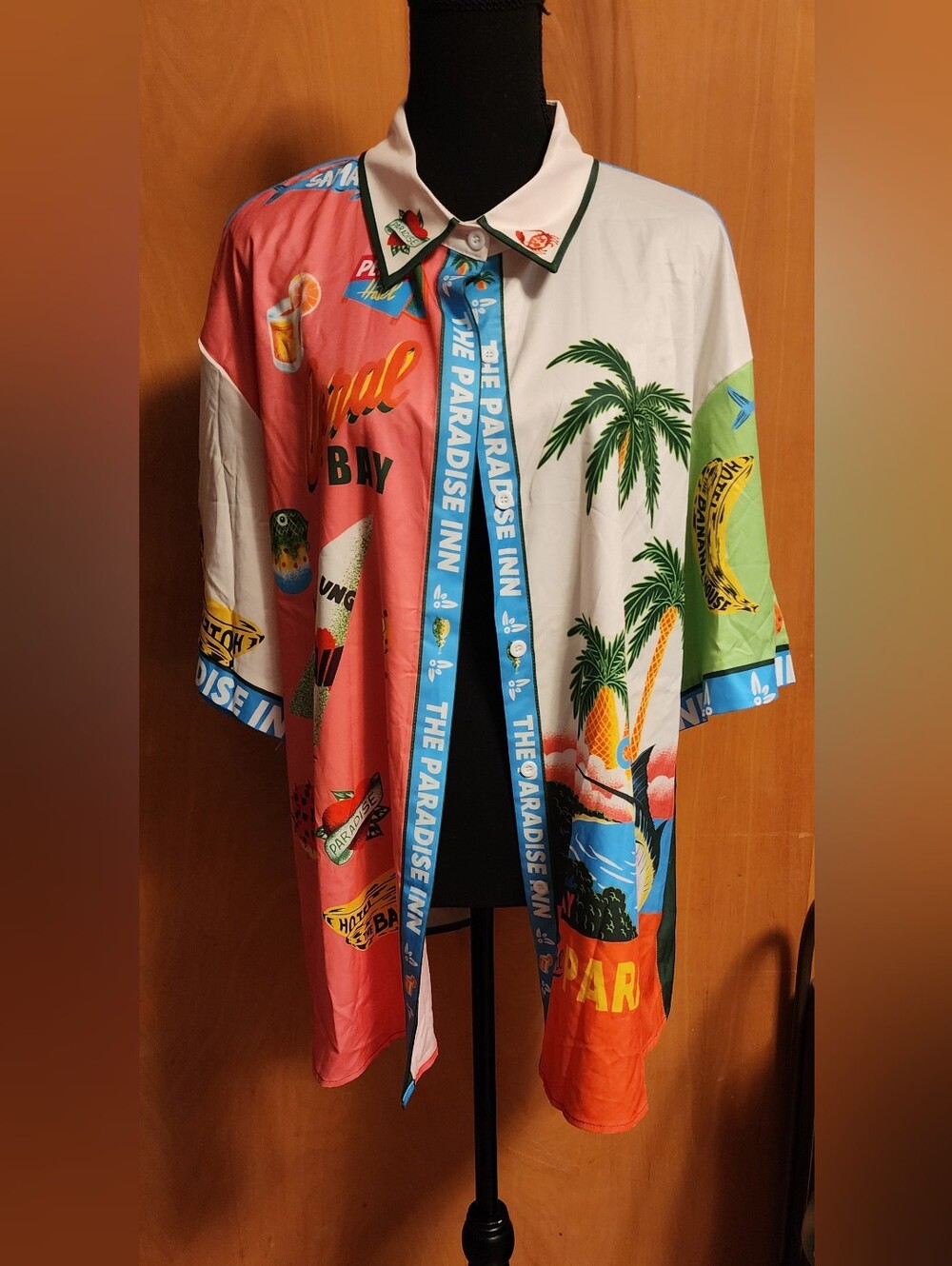 Women's Tropical Colorblock Button-Up Shirt with Palm Print